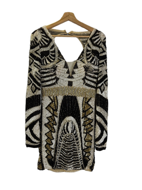 NWT Jovani Black, Gold & Cream Beaded Mini Dress